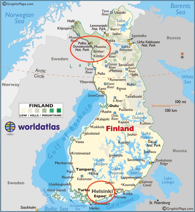 Finland showing places visited and Arctic Circle